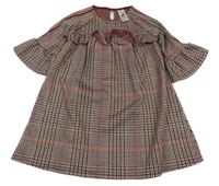 Smetanovo-hnedo-čierno-červené kockované vzorované šaty s volánikom a pruhmi C&A