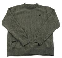 Tmavosivý vzorovaný vlnený zateplený sveter s nášivkou