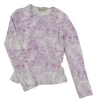 Světlefialovo-fialovo-biele batikované rebrované crop tričko so srdiečkovanymi prestrihmi a kamienkami Matalan