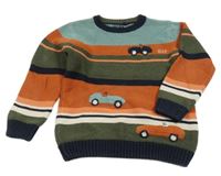 Cihlovo-khaki-modrošedo-tmavomodrý svetr s auty Next