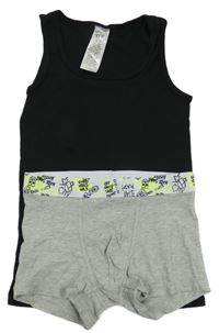2Set - Černý nátělník Y.F.K. + šedo/bílé boxerky s  Y.F.K. + šedo/bílé boxerky s nápisy a skateboardy