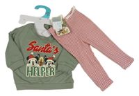 Nové - 2Set - Khaki mikina s Mickey a Plutem a Minnie s vánočním motivem + červeno/bílé tepláky PRIMARK
