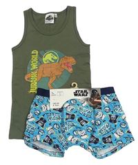 2set - Khaki nátělník s dinosaurem - Jurský svět + modré boxerky so Star Wars