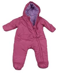 Fuchsiová puntíkatá šusťáková zimní kombinéza s mašlemi a kapucí