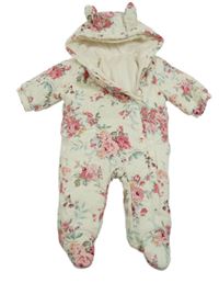 Smetanová květovaná manšestrová zateplená kombinéza s kapucí Next