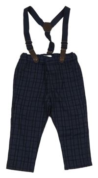 Tmavomodro-černé kostkované chino kalhoty s kšandami Primark