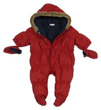 Červená šušťáková zateplená kombinéza s kapucí + rukavice Next