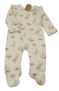 Nové - Smetanový puntíkatý zateplený overal s květy a králíky - Peter Rabbit Tu