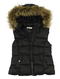 Černá šusťáková zateplená vesta s kapucí s kožešinou H&M