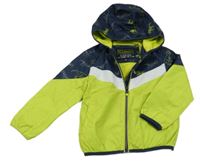 Limetkovo-tmavomodro-bílá šusťáková jarní bunda s dinosaury a kapucí C&A