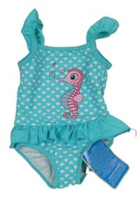 Nové - Azurové jednodílné plavky s mořským koníkem a srdíčky St. Bernard