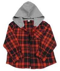 Červeno-čierna kockovaná košeľa s sivou kapucňou Shein