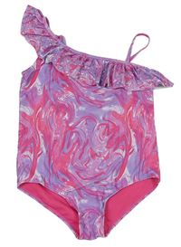 Růžovo-lila vzorované jednodielne plavky s volánikom Nutmeg