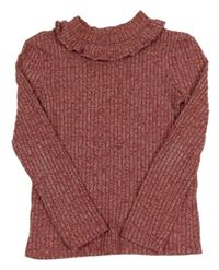 Vínové žebrované úpletové triko s volánkem 