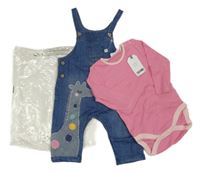 Nové - 2 set - růžové pruhované body + modré laclové rifle s žirafou Next