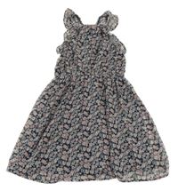 Tmavomodro-růžové květované šifonové šaty 