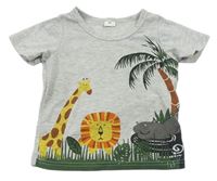 Sivé melírované tričko so zvířaty a palmou