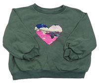 Tmavozelená mikina so srdcem z flitrů H&M
