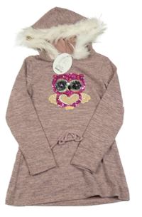 Nové - Růžovo-šedý melírovaný úpletový svetr se sovou a kapucí s kožešinou 