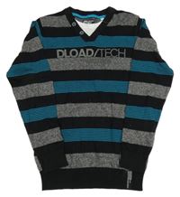 Černo-šedo-modrý pruhovaný svetr s nápisem C&A