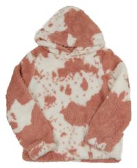 Bielo-ružová chlpatá batikovaná mikina s kapucňou