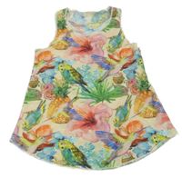 Béžovo-barevný květovaný top s papoušky 