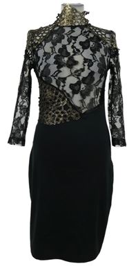 Dámské černo-béžové pouzdrové koktejlové šaty s krajkovým živůtkem 