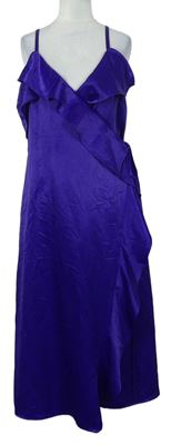 Dámske fialové saténové midi zavinovací šaty s volánikom Warehouse