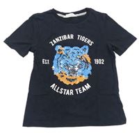 Tmavomodré tričko s tygrem z překlápěcích flitrů a nápismi H&M