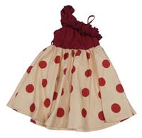 Vínovo-ružové asymetrické šaty s bodkami a volány