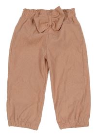Růžové žebrované paper bag kalhoty s mašlí 