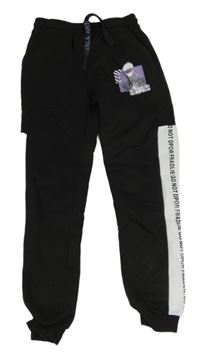 Černo-bílé teplé tepláky s potiskem a nápisy