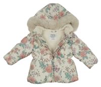 Smetanový šusťákový zimní kabát s květy a kapucí F&F