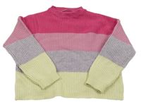 Ružovo-fialovo-žltý pruhovaný rebrovaný sveter Only