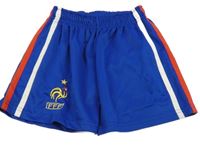 Modré sportovní kraťasy s pruhy a výšivkou 