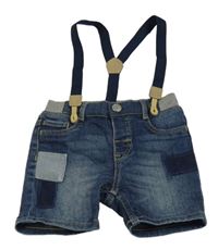 Tmavomodré riflové kraťasy s kšandami a záplatami H&M