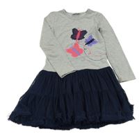 Šedo-tmavomodré šaty s motýly a tylovou sukní Happy girls