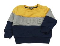 Tmavomodro-sivo-žltá pruhovaná mikina s 3D nápisom Primark