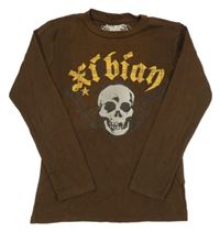 Hnědé triko s lebkou a nápisem H&M