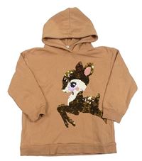 Svetlohnedá mikina so srnkou z překlápěcích flitrů a kapucňou H&M