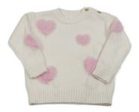 Smotanový sveter s ružovými chlpatými srdiečkami so cute