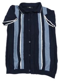 Tmavomodré pletené propínací tričko s modro-bílými pruhy a límečkem Next