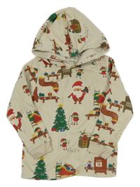 Svetlobéžová vianočná mikina so Santy a elfy a kapucňou H&M