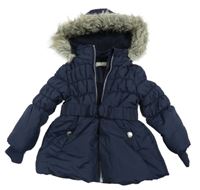 Tmavomodrý šusťákový zimní kabát s prošíváním a kapucí s kožešinou Bhs