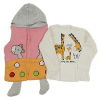 2Set - Růžovo-oranžovo-šedá prošívaná propínací zateplená tepláková vesta se žirafou a kapucí + bílé triko se žirafami 