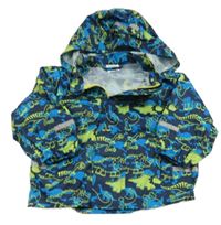 Tmavomodrá šušťáková nepromokavá bunda s dinosaurami a odopínacíá kapucňou Papagino