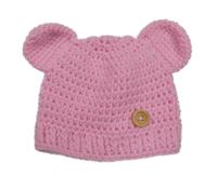 Růžová pletená čepice s knoflíkem a oušky 