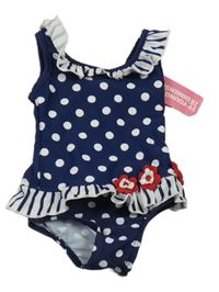 Nové - tmavomodro-biele bodkovaná é jednodielne plavky s 3D kvety a volánikmi YD