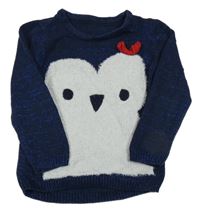 Tmavomodrý melírovaný sveter so sovičkou a trblietkami NUTMEG