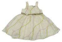 Smetanovo-levandulovo-olivové organzovo/saténové slavnostní šaty s flitry a mašli BABY ROSE